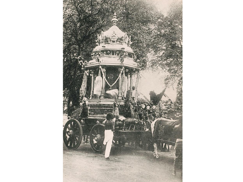 In the early 20th century, the silver chariot bearing the processional image of Murugan was drawn by cattle, 1920s. Collection of the National Museum of Singapore, National Heritage Board.